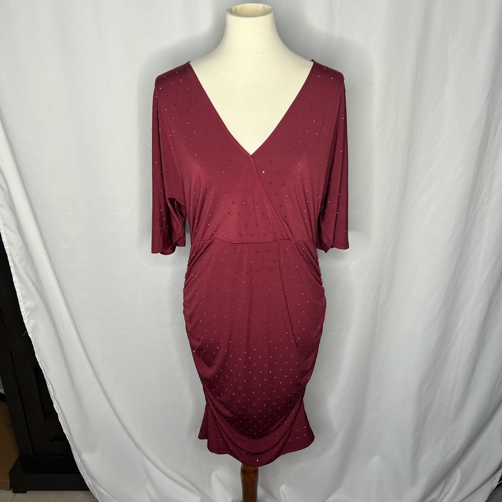 Venus Maroon V-neck Mini Dress with Silver Stud Embellishments - Large